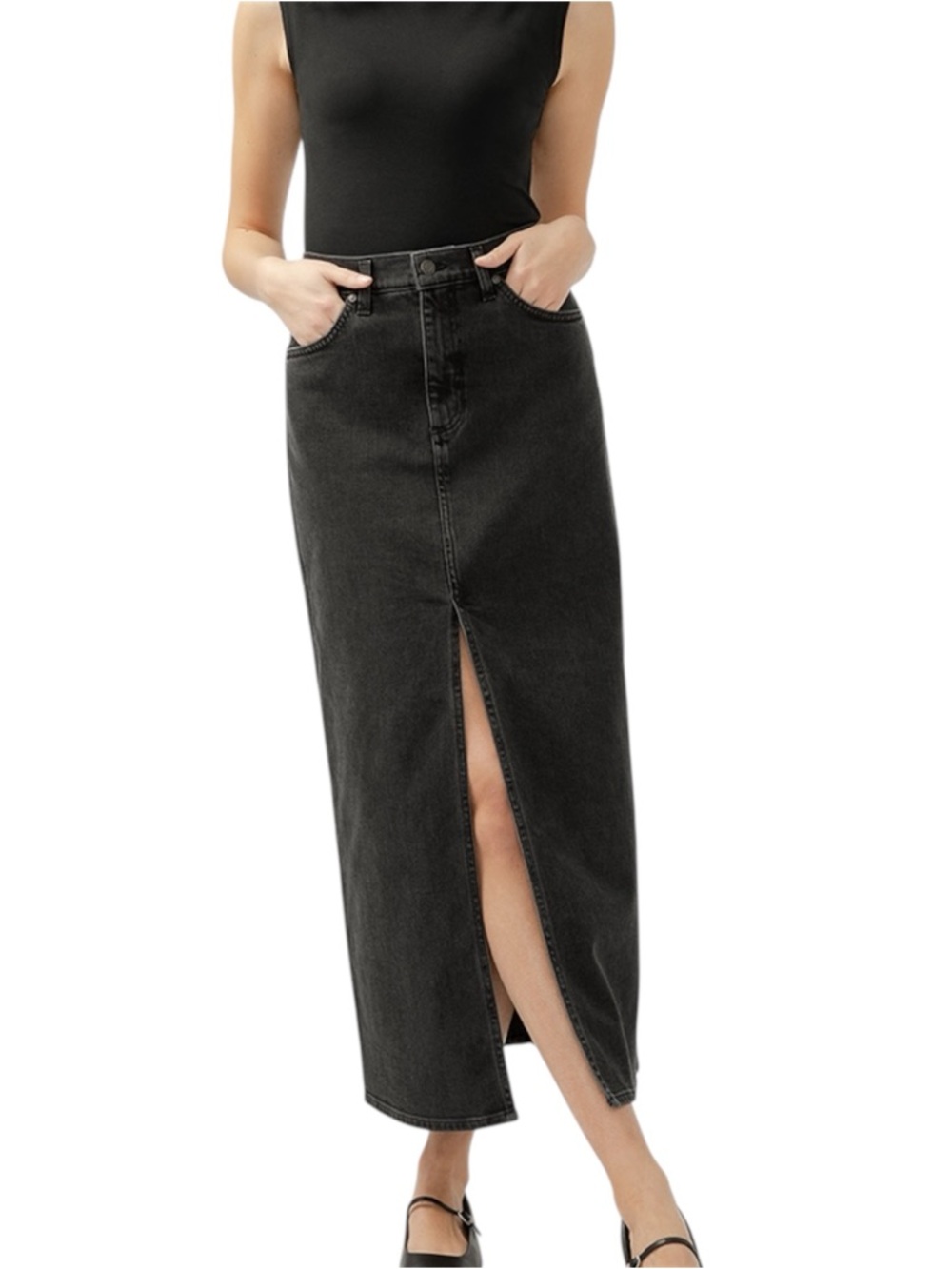 Silver Jeans Co NWT High Rise Black Denim Maxi Skirt Size 30 Front Split Wash
